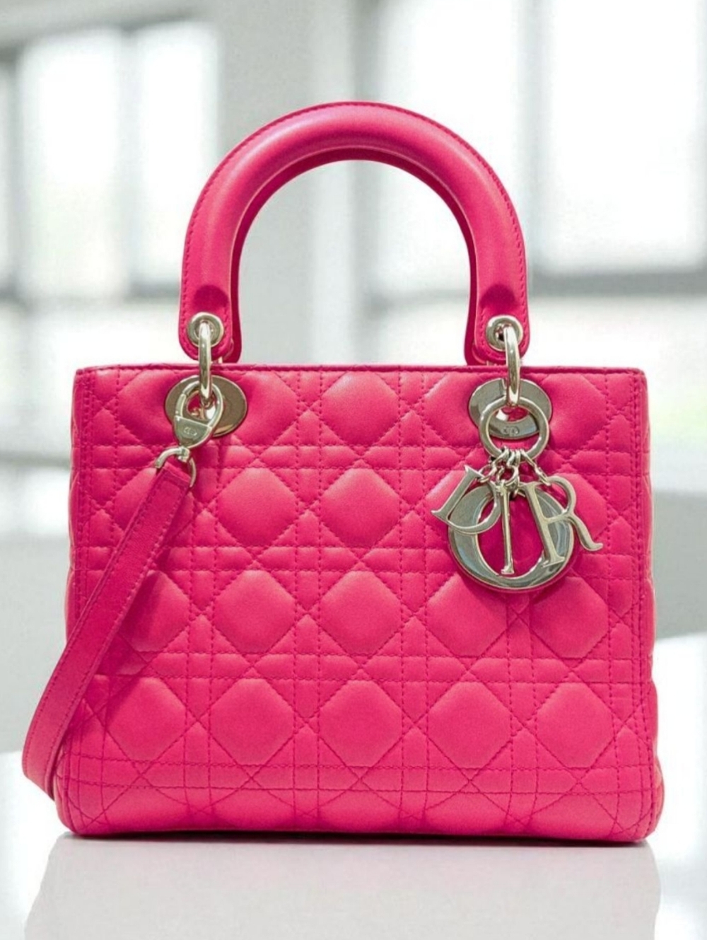 ✨️Authentic Medium Lady Dior Quilt Lambskin Hot pink